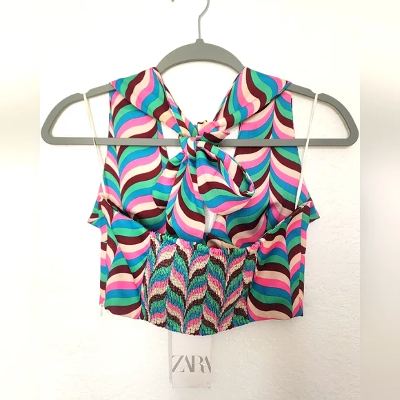 Zara NWT Multicolor Wave Pattern, Halter Neck Women's Short Top.  Size S - Picture 2 of 10